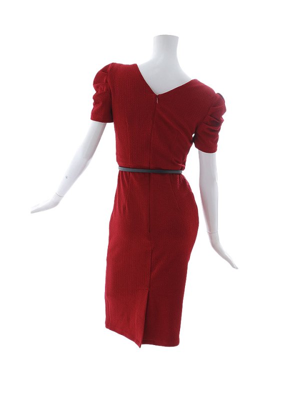 画像12: ボリューム袖/ポコポコ生地/半袖/胸元透け/シアー/ベルト/谷間見せ/背中隠し/ミディアムドレス/キャバドレス【S-Lサイズ/1カラー】[OF03B] 【IM】 (12)