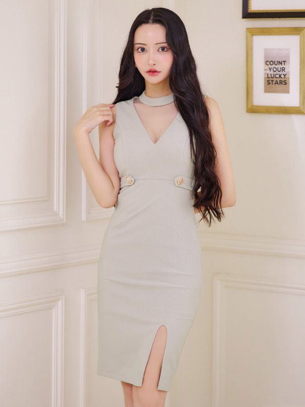 画像4: リブストライプシンプルドレス/ノースリーブ/ホルターネック/シースルー/ゴールドボタン/スリット/谷間見せ/背中隠し/ミディアムドレス/キャバドレス【S-Mサイズ/2カラー】[OF03] 【IM】 (4)