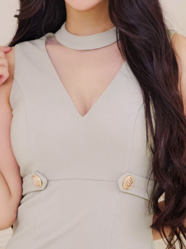 画像5: リブストライプシンプルドレス/ノースリーブ/ホルターネック/シースルー/ゴールドボタン/スリット/谷間見せ/背中隠し/ミディアムドレス/キャバドレス【S-Mサイズ/2カラー】[OF03] 【IM】 (5)