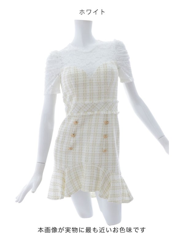 画像2: チェック/ツイード/レース/半袖/袖あり/フリル/マーメイド/ミニドレス/キャバドレス【S-Mサイズ/1カラー】[HC02] 【AOC】 (2)