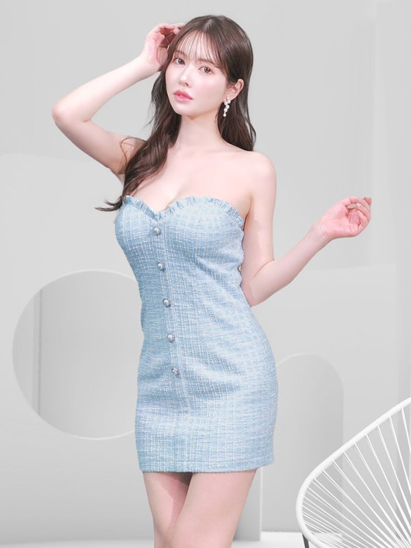 画像3: 【JENNNY】ツイードベアトップドレス/パール/ボタン/フリル/ノースリーブ/谷間見せ/背中見せ/ミニドレス/キャバドレス【S-Mサイズ/1カラー】[OF04-X]【KND】 (3)