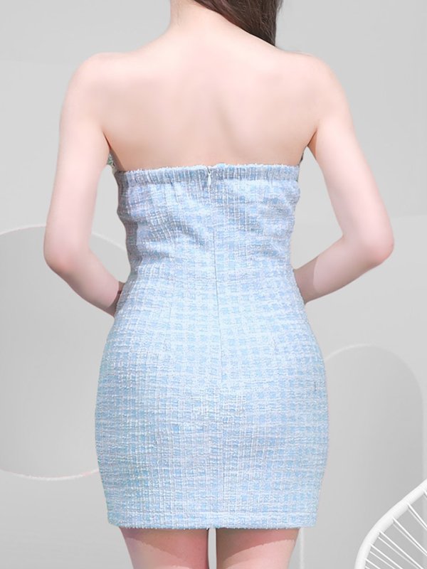 画像6: 【JENNNY】ツイードベアトップドレス/パール/ボタン/フリル/ノースリーブ/谷間見せ/背中見せ/ミニドレス/キャバドレス【S-Mサイズ/1カラー】[OF04-X]【KND】 (6)