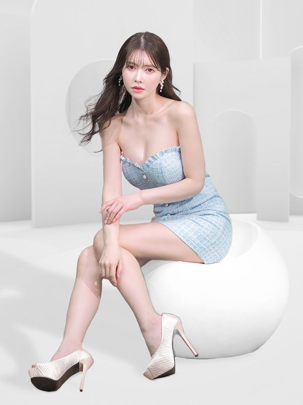 画像7: 【JENNNY】ツイードベアトップドレス/パール/ボタン/フリル/ノースリーブ/谷間見せ/背中見せ/ミニドレス/キャバドレス【S-Mサイズ/1カラー】[OF04-X]【KND】 (7)