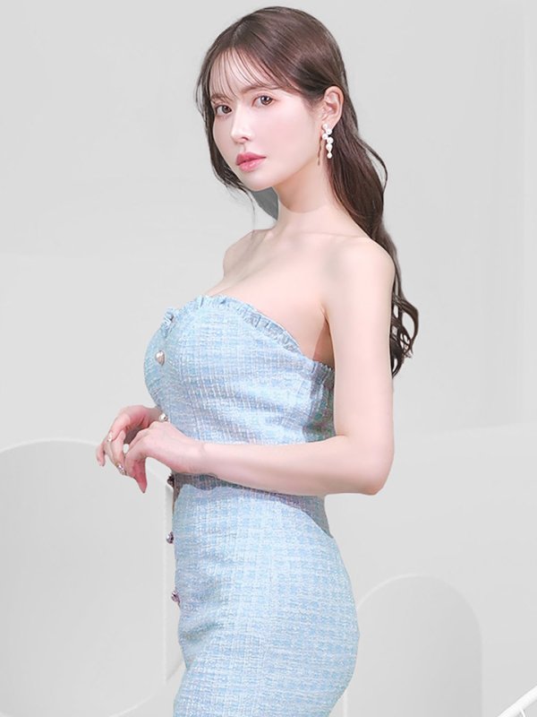 画像8: 【JENNNY】ツイードベアトップドレス/パール/ボタン/フリル/ノースリーブ/谷間見せ/背中見せ/ミニドレス/キャバドレス【S-Mサイズ/1カラー】[OF04-X]【KND】 (8)