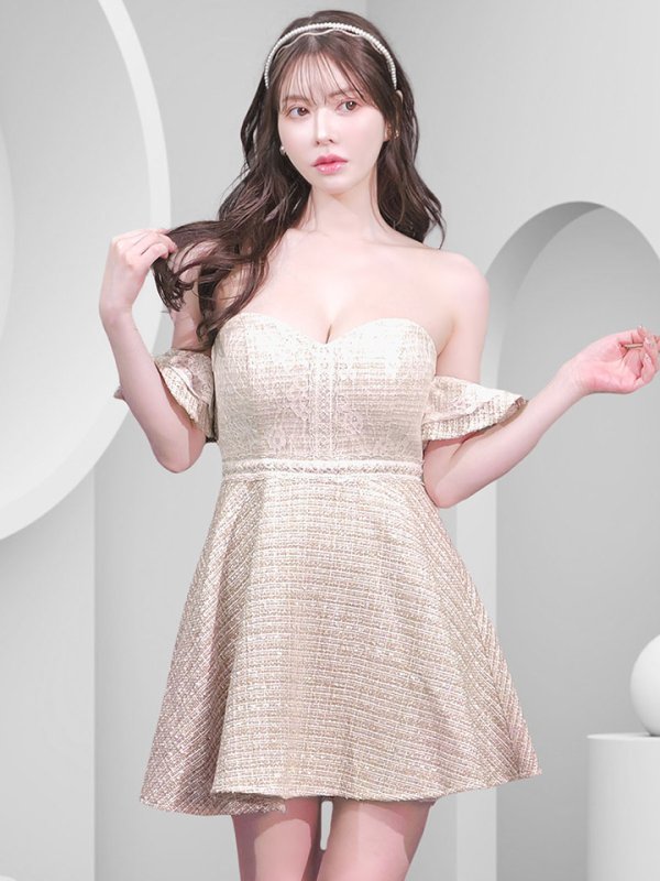 画像3: 【JENNNY】オフショルツイードドレス/レース/フレア/フリル/ノースリーブ/谷間見せ/背中見せ/ミニドレス/キャバドレス【S-Lサイズ/1カラー】[OF04]【KND】 (3)