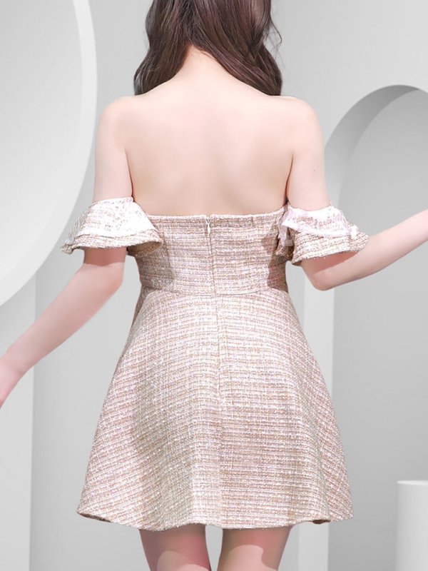 画像6: 【JENNNY】オフショルツイードドレス/レース/フレア/フリル/ノースリーブ/谷間見せ/背中見せ/ミニドレス/キャバドレス【S-Lサイズ/1カラー】[OF04]【KND】 (6)