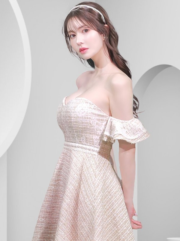 画像8: 【JENNNY】オフショルツイードドレス/レース/フレア/フリル/ノースリーブ/谷間見せ/背中見せ/ミニドレス/キャバドレス【S-Lサイズ/1カラー】[OF04]【KND】 (8)