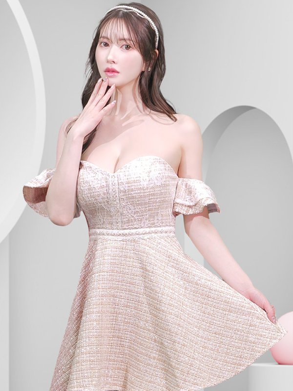 画像9: 【JENNNY】オフショルツイードドレス/レース/フレア/フリル/ノースリーブ/谷間見せ/背中見せ/ミニドレス/キャバドレス【S-Lサイズ/1カラー】[OF04]【KND】 (9)