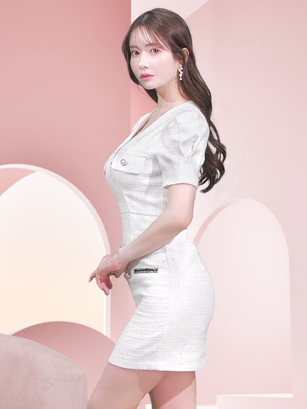 画像7: 【JENNNY】ビジューツイードドレス/タイト/ジップアップ/パフスリーブ/谷間見せ/背中隠し/ミニドレス/キャバドレス【S-Mサイズ/1カラー】[OF04] 【KND】 (7)