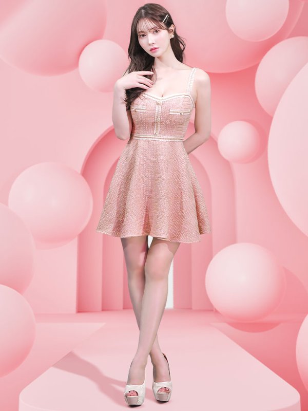 画像2: 【JENNNY】フレアキャミソールドレス/ツイード/レース/谷間見せ/背中見せ/ミニドレス/キャバドレス【S-Lサイズ/1カラー】[OF04] 【KND】 (2)