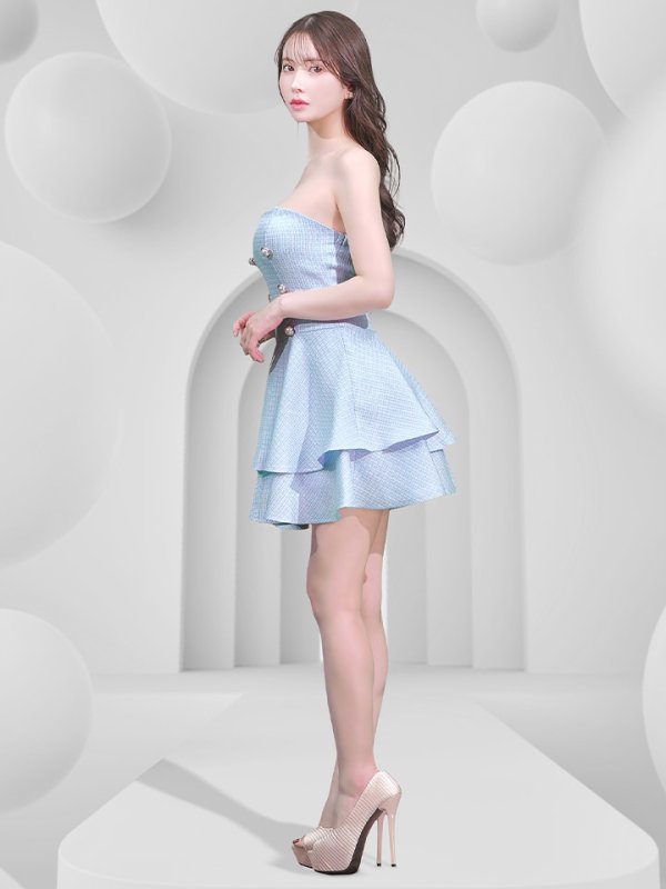 画像8: 【JENNNY】ツイードベアトップフレアドレス/パールボタン/谷間見せ/背中見せ/ミニドレス/キャバドレス【S-Mサイズ/1カラー】[OF04] 【KND】 (8)