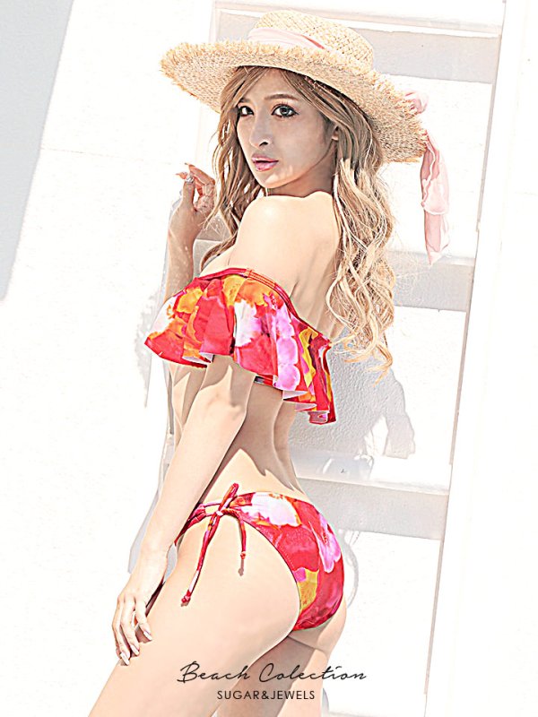 画像1: 値下げ！!【水着】リゾートフラワーオフショルビキニ　[YMT] (1)