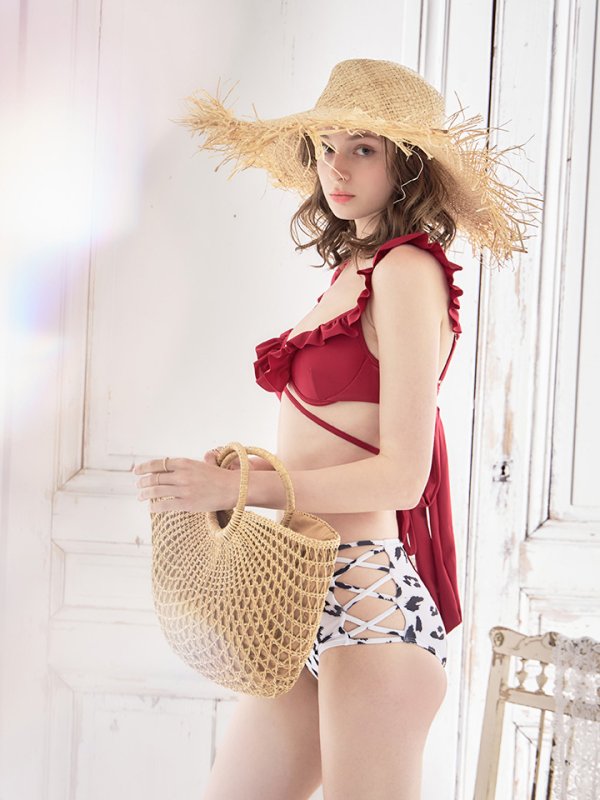 画像5: 【即日発送】【水着セール】【ビキニ】【水着】【パンツ2種類入り】2WAYフリルリボンレオパードビキニ[YMT] (5)