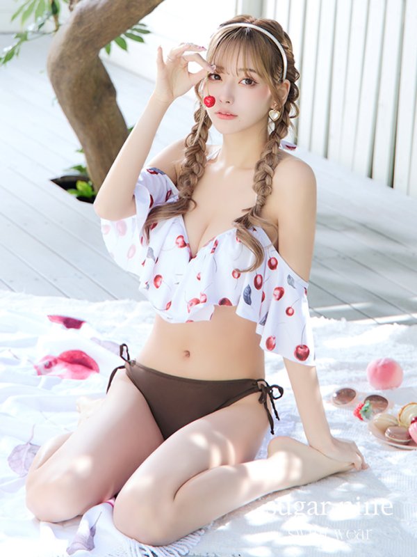 画像2: 【即日発送】【ビキニ】【水着】フリルショルダーさくらんぼビキニ[YMT] (2)