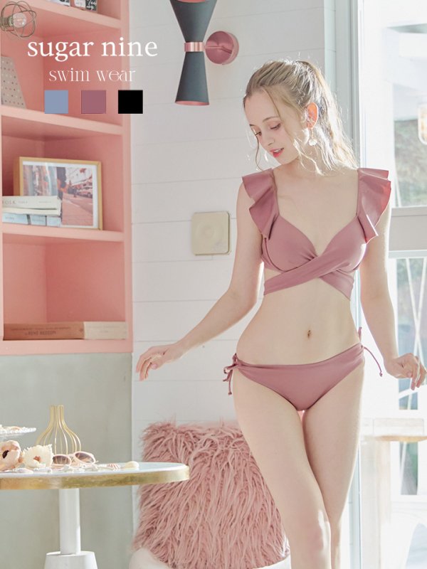 画像31: 【即日発送】【ビキニ】【水着】ショルダーフリルクロスビキニ/無地/シンプル[YMT] (31)