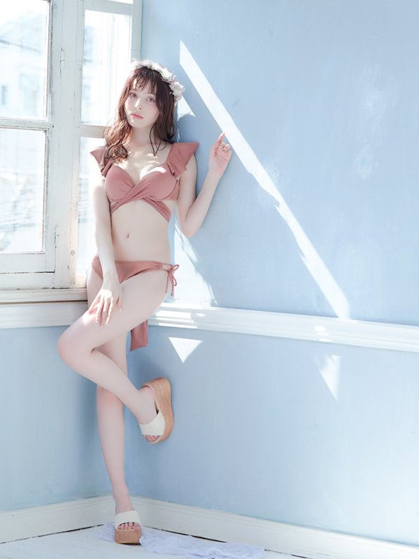 画像2: 【即日発送】【ビキニ】【水着】ショルダーフリルクロスビキニ/無地/シンプル[YMT] (2)