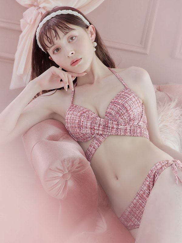 画像33: 【即日発送】【ビキニ】【水着】ツイードプリント バッククロスリボン クロスビキニ 2点セット[YMT] (33)