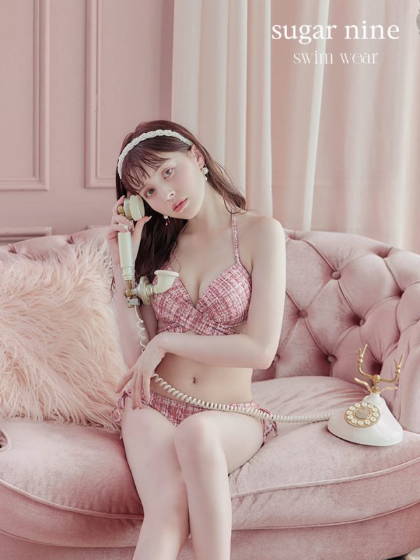 画像18: 【即日発送】【ビキニ】【水着】ツイードプリント バッククロスリボン クロスビキニ 2点セット[YMT] (18)