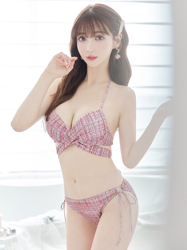 画像1: 【即日発送】【ビキニ】【水着】ツイードプリント バッククロスリボン クロスビキニ 2点セット[FB01](MG-SN003) (1)