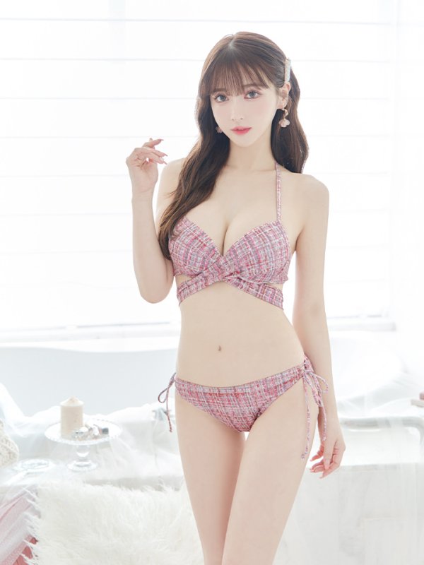 画像9: 【即日発送】【ビキニ】【水着】ツイードプリント バッククロスリボン クロスビキニ 2点セット[FB01](MG-SN003) (9)