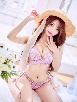 ツイードプリント バッククロスリボン クロスビキニ 2点セット ツイードプリント バッククロスリボン クロスビキニ 2点セット（水着