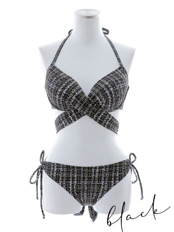 画像44: 【即日発送】【ビキニ】【水着】ツイードプリント バッククロスリボン クロスビキニ 2点セット[YMT] (44)