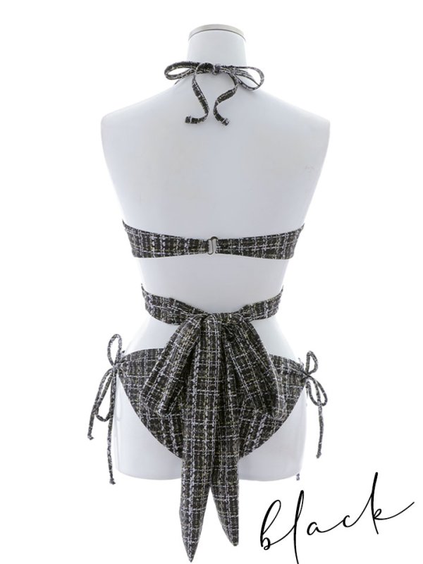 画像45: 【即日発送】【ビキニ】【水着】ツイードプリント バッククロスリボン クロスビキニ 2点セット[YMT] (45)
