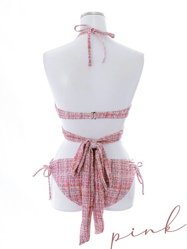 画像47: 【即日発送】【ビキニ】【水着】ツイードプリント バッククロスリボン クロスビキニ 2点セット[YMT] (47)