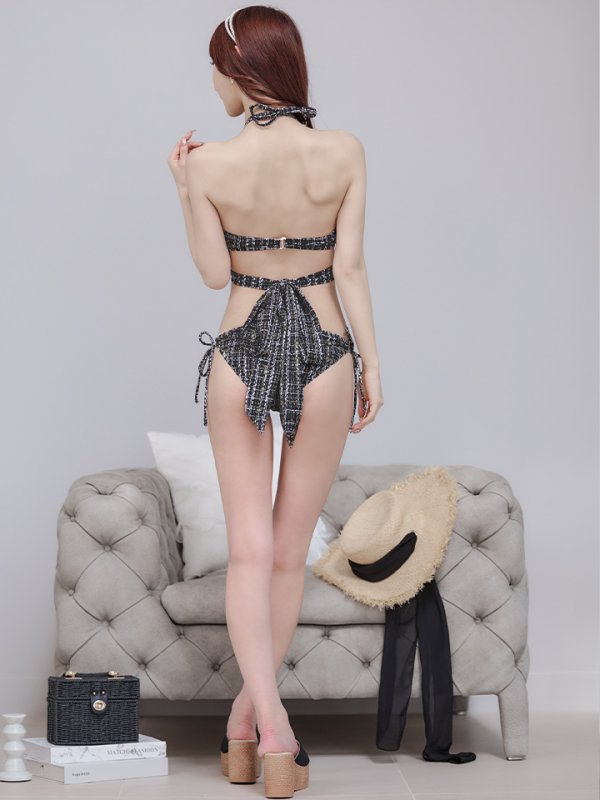 画像19: 【即日発送】【ビキニ】【水着】ツイードプリント バッククロスリボン クロスビキニ 2点セット[YMT] (19)