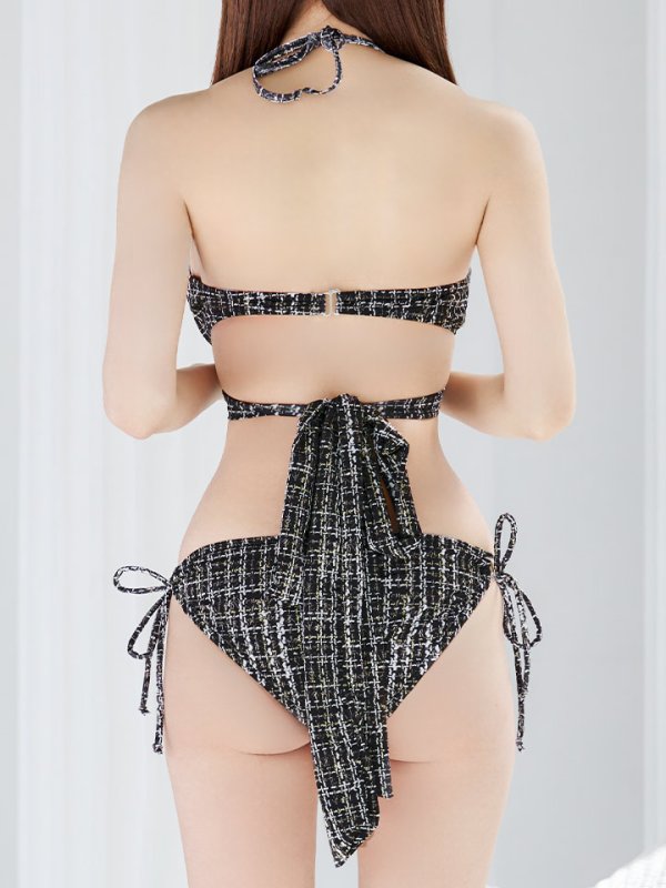 画像8: 【即日発送】【ビキニ】【水着】ツイードプリント バッククロスリボン クロスビキニ 2点セット[YMT] (8)