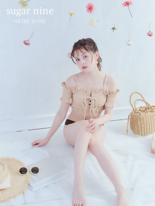 画像2: 【即日発送】【水着セール】【ビキニ】【水着】オフショルビキニ /無地/シャーリング/ニット/2点セット[YMT] (2)