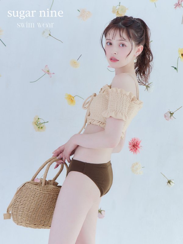 画像3: 【即日発送】【水着セール】【ビキニ】【水着】オフショルビキニ /無地/シャーリング/ニット/2点セット[YMT] (3)