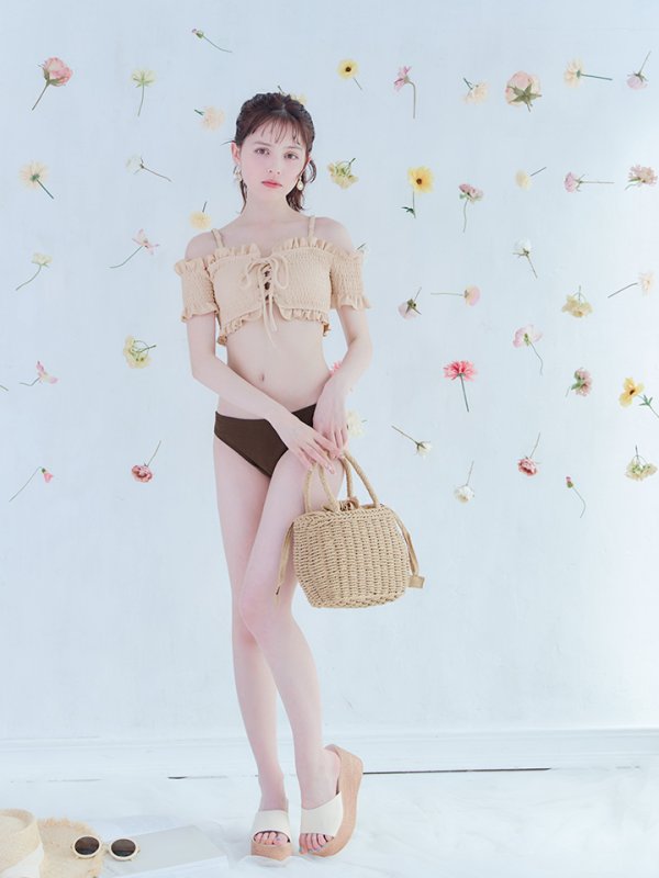 画像5: 【即日発送】【水着セール】【ビキニ】【水着】オフショルビキニ /無地/シャーリング/ニット/2点セット[YMT] (5)