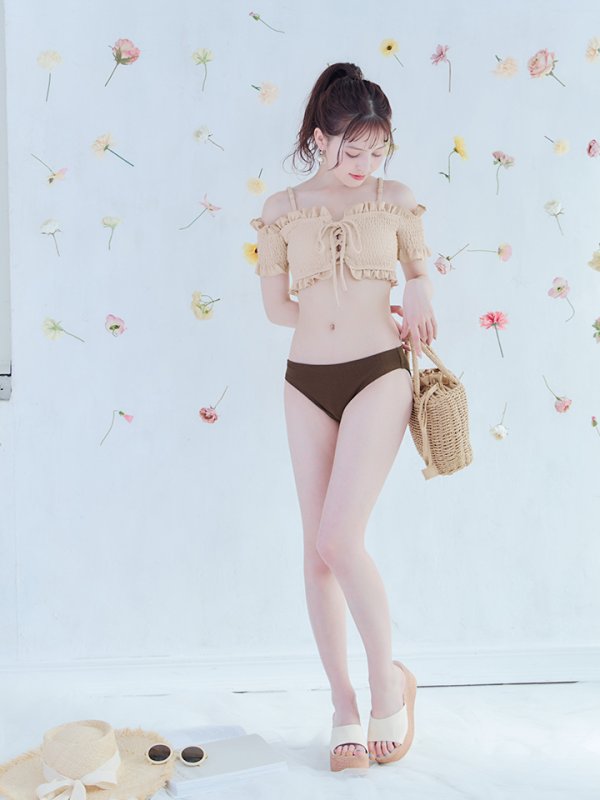 画像7: 【即日発送】【水着セール】【ビキニ】【水着】オフショルビキニ /無地/シャーリング/ニット/2点セット[YMT] (7)