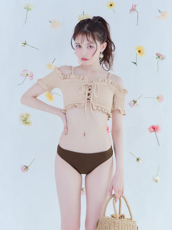 画像8: 【即日発送】【水着セール】【ビキニ】【水着】オフショルビキニ /無地/シャーリング/ニット/2点セット[YMT] (8)