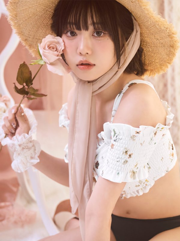 画像5: 【即日発送】【ビキニ】【水着】オフショルビキニ /花柄/シャーリング/ニット/2点セット[YMT] (5)