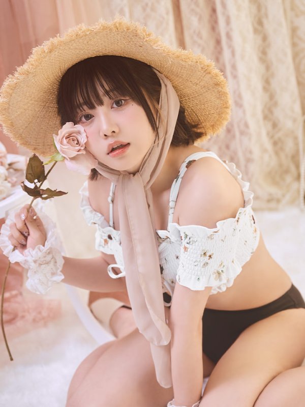 画像7: 【即日発送】【ビキニ】【水着】オフショルビキニ /花柄/シャーリング/ニット/2点セット[YMT] (7)