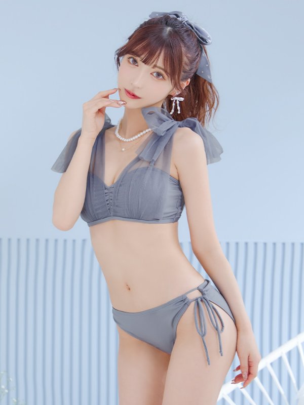 画像14: 【即日発送】【ビキニ】【水着】チュールリボン バストアップ ビキニ 2点セット[YMT] (14)