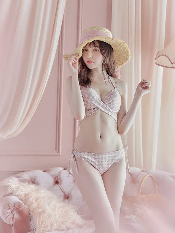 画像34: 【即日発送】【ビキニ】【水着】千鳥格子柄  バッククロスリボン クロスビキニ 2点セット[FB01] (34)