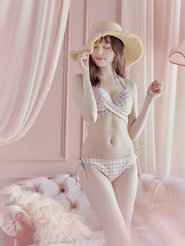 画像35: 【即日発送】【ビキニ】【水着】千鳥格子柄  バッククロスリボン クロスビキニ 2点セット[FB01] (35)