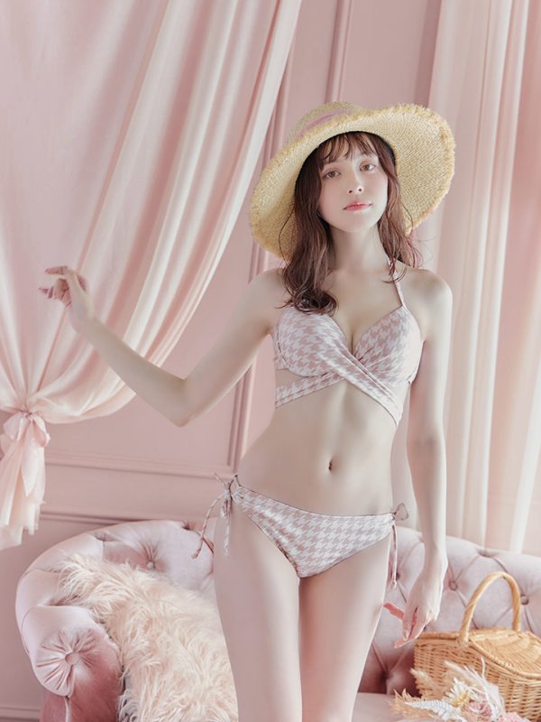 画像17: 【即日発送】【ビキニ】【水着】千鳥格子柄  バッククロスリボン クロスビキニ 2点セット[FB01] (17)