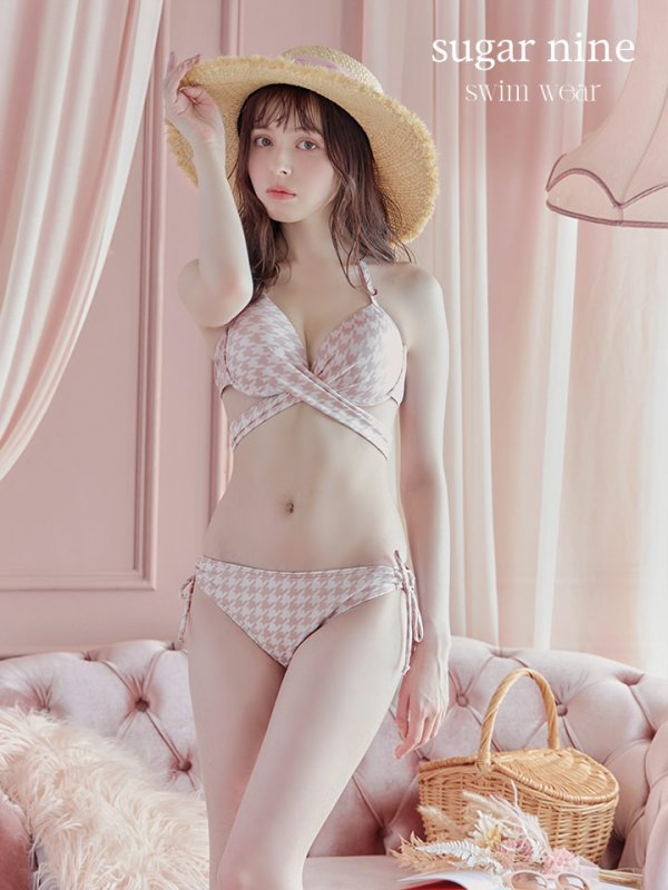 画像16: 【即日発送】【ビキニ】【水着】千鳥格子柄  バッククロスリボン クロスビキニ 2点セット[FB01] (16)