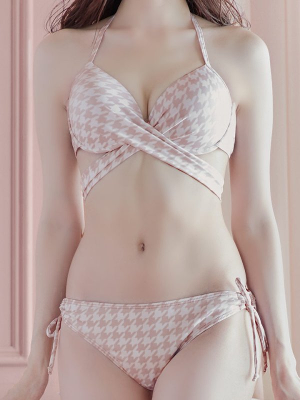 画像18: 【即日発送】【ビキニ】【水着】千鳥格子柄  バッククロスリボン クロスビキニ 2点セット[FB01] (18)