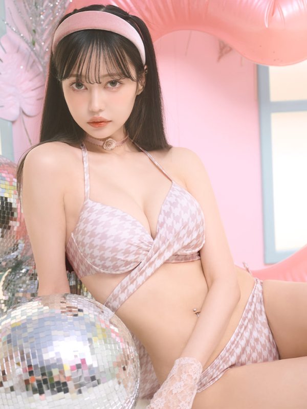 画像9: 【即日発送】【ビキニ】【水着】千鳥格子柄  バッククロスリボン クロスビキニ 2点セット[FB01] (9)