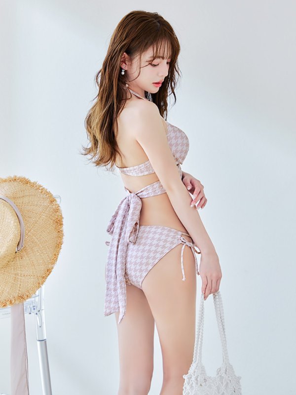 画像15: 【即日発送】【ビキニ】【水着】千鳥格子柄  バッククロスリボン クロスビキニ 2点セット[FB01] (15)