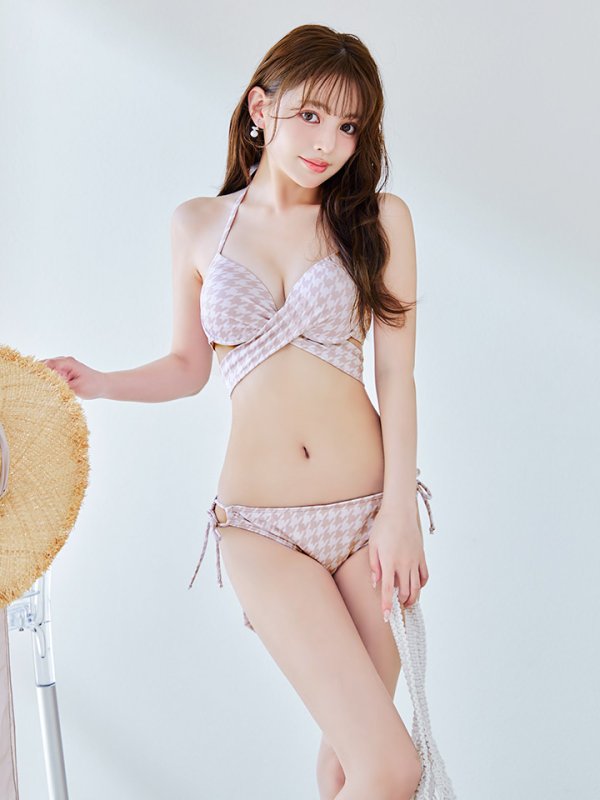 画像16: 【即日発送】【ビキニ】【水着】千鳥格子柄  バッククロスリボン クロスビキニ 2点セット[FB01] (16)