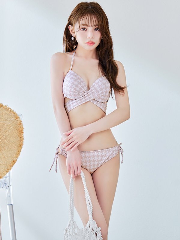 画像3: 【即日発送】【ビキニ】【水着】千鳥格子柄  バッククロスリボン クロスビキニ 2点セット[FB01] (3)