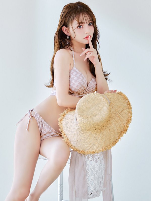 画像5: 【即日発送】【ビキニ】【水着】千鳥格子柄  バッククロスリボン クロスビキニ 2点セット[FB01] (5)