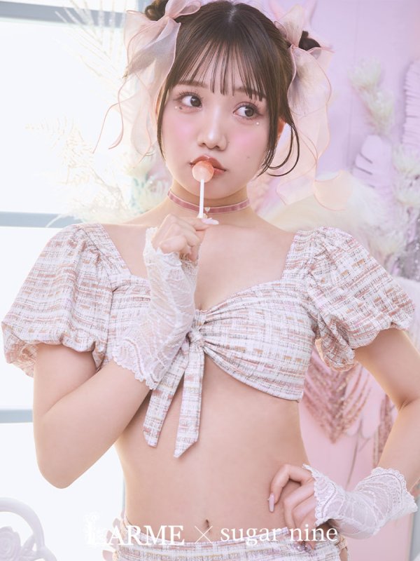 画像2: 【即日発送】【ビキニ】【水着】パフスリーブ 2way ツイードプリント ビキニ 2点セット[YMT] (2)