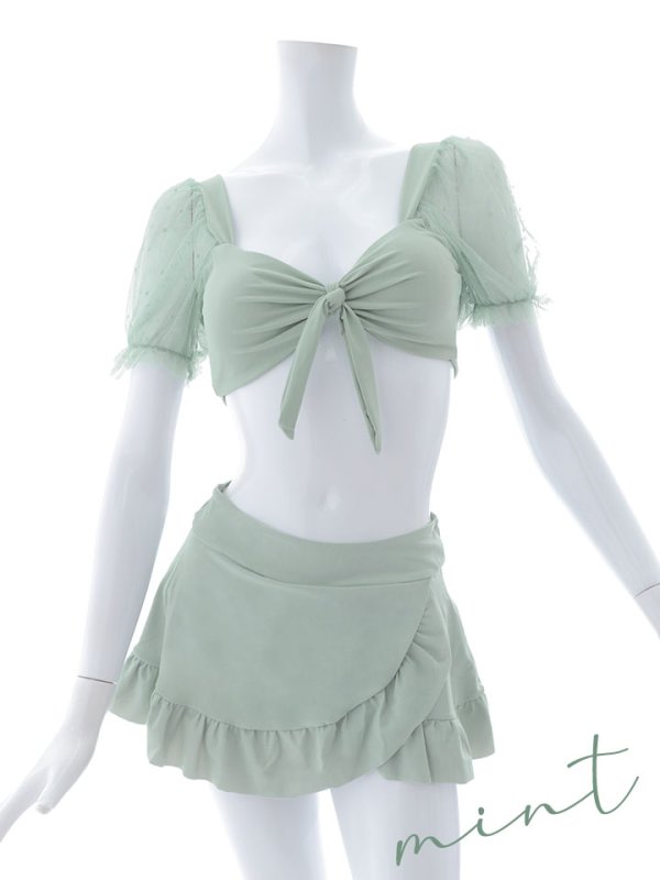 画像47: 【即日発送】【ビキニ】ドットシアースリーブスカート付きビキニ 3点セット【水着】[YMT] (47)